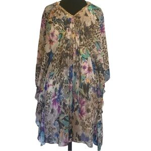 Jennifer Lopez EUC Top Shell Dress V-Neck Gold Beading Floral Leopard Print sz L